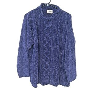 Blue Chenille Cable Knit Mock Neck Sweater‎ M VTG Inspired Grannycore Cozy Retro